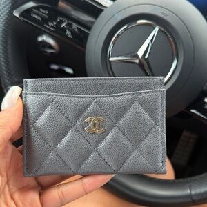 CHANEL Quilted Card Holder - Grey with Gold CC